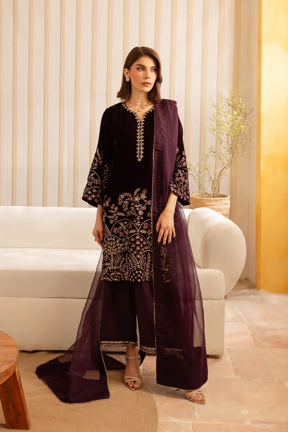 3-piece velvet, raw silk &