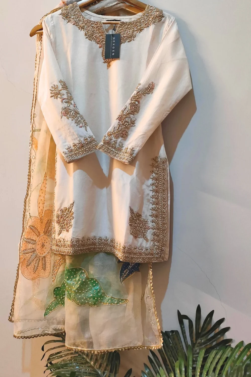 Pearl Mist Off-White Sharara Set with Handwork