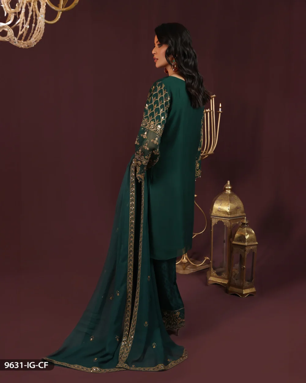 ShaPosh | 3 Piece Embroidered Chiffon Suit | 9631-AR-CF-Bottle Green | Ready to wear - Image 3