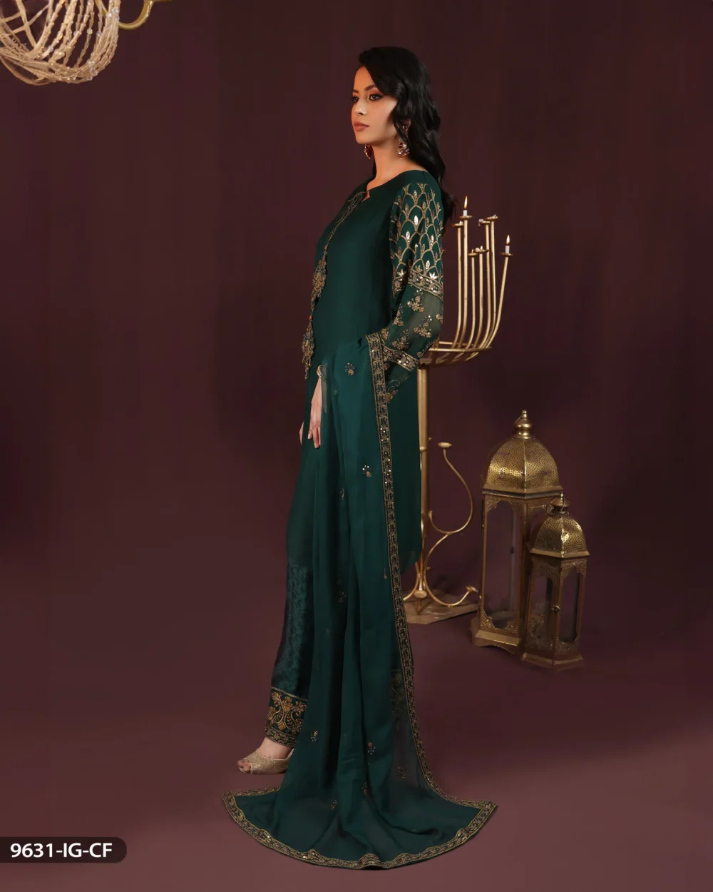 ShaPosh | 3 Piece Embroidered Chiffon Suit | 9631-AR-CF-Bottle Green | Ready to wear - Image 4