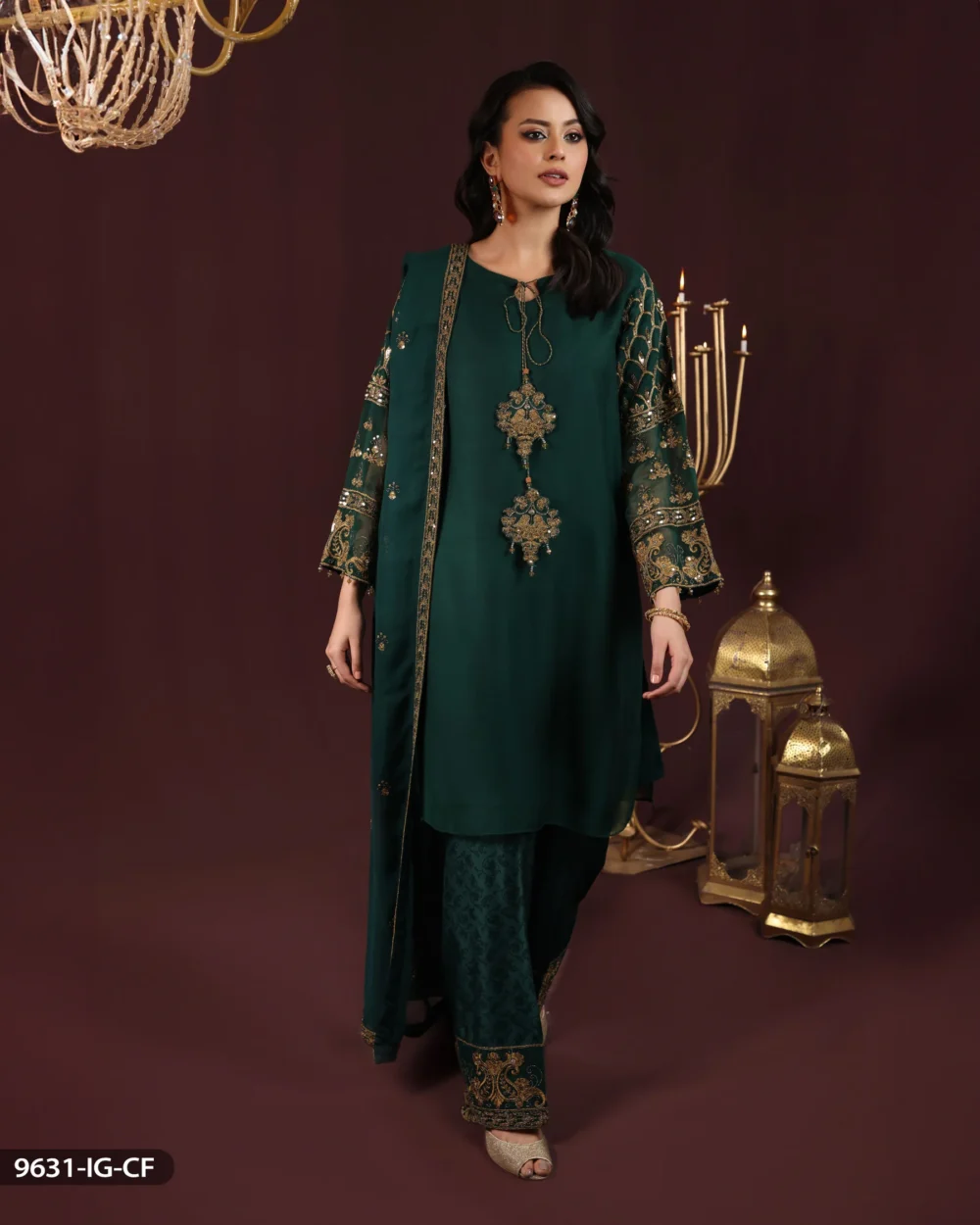 ShaPosh | 3 Piece Embroidered Chiffon Suit | 9631-AR-CF-Bottle Green | Ready to wear - Image 5