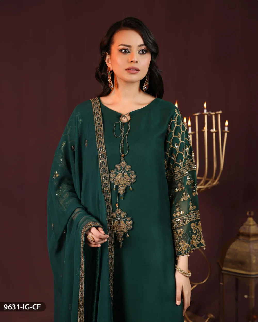 ShaPosh | 3 Piece Embroidered Chiffon Suit | 9631-AR-CF-Bottle Green | Ready to wear - Image 2