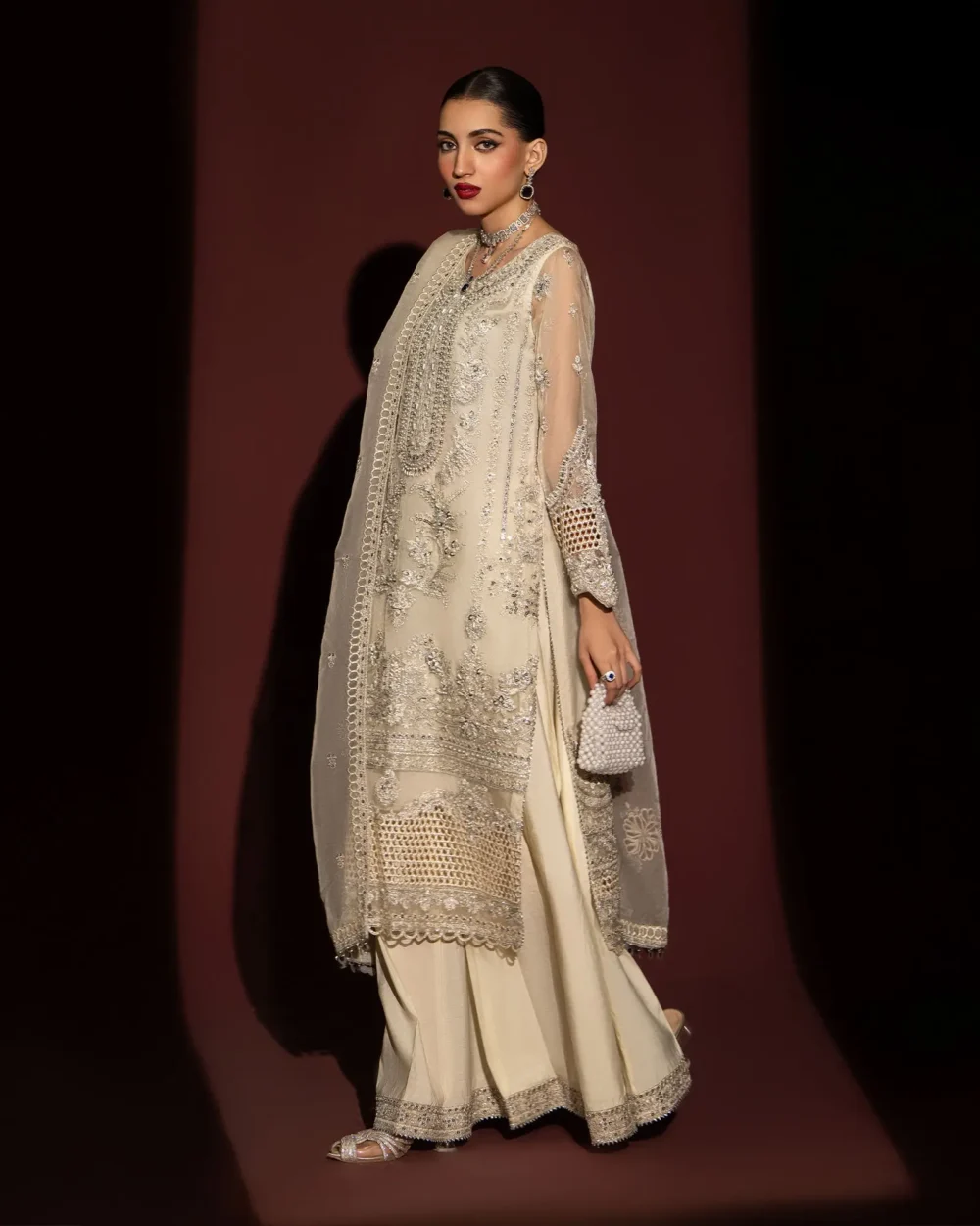 ShaPosh | 3 Piece Organza Heavy Ensemble Dress | 1122 - Off White | Ready to wear - Image 2