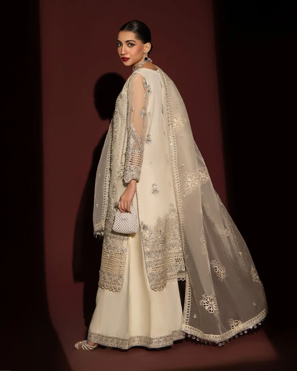 ShaPosh | 3 Piece Organza Heavy Ensemble Dress | 1122 - Off White | Ready to wear - Image 6