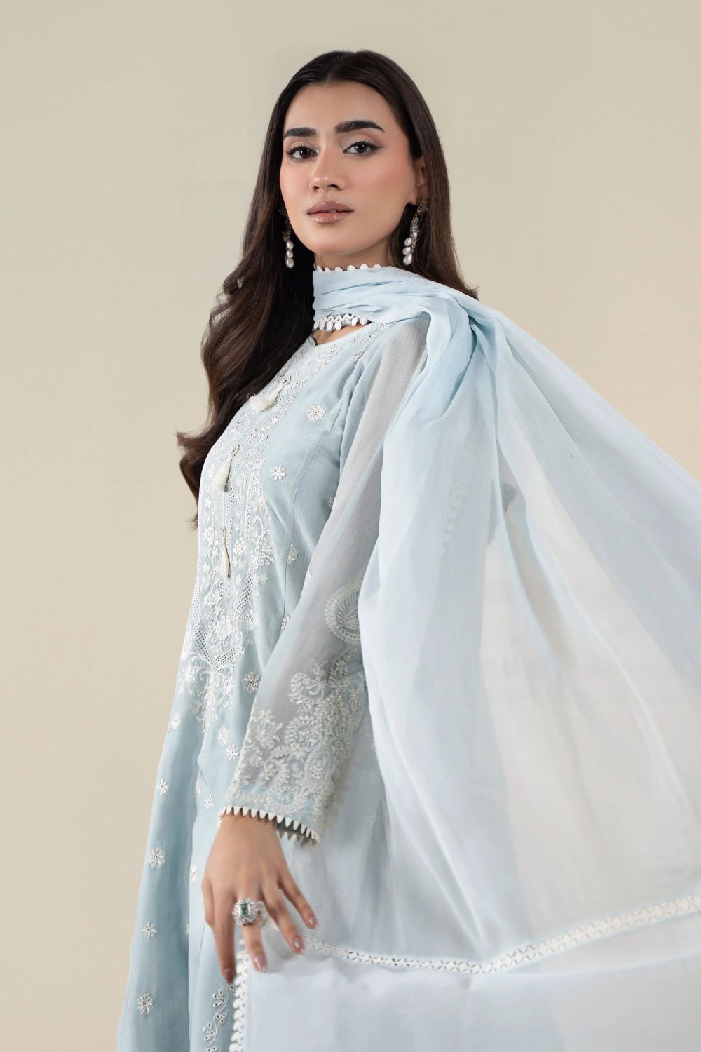 Maria.B | 3 Piece Embroidered Paper Cotton Suit | DW-EA25-76-Blue | Ready to wear - Image 4